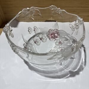 Art Glass Floral Bowl 9.5” x 5” – Applied Flowers & Leaves – Clear w/ Pink